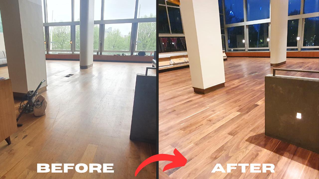 Before-and-after of restored walnut plank Hardwood Floors in an Eltham space, showing sanding and refinishing to a rich, even finish.