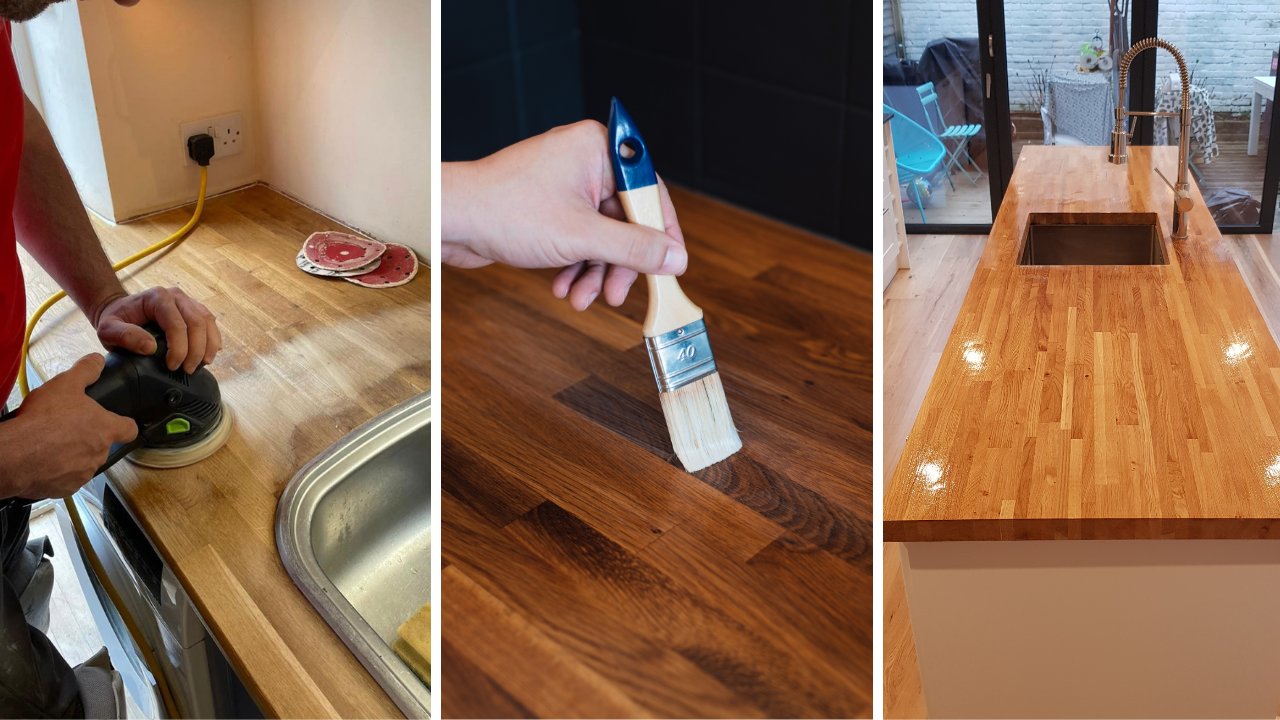 Worktop refinishing in Eltham showing the sanding, oiling and finished oak butcher block hardwood kitchen worktop surface.
