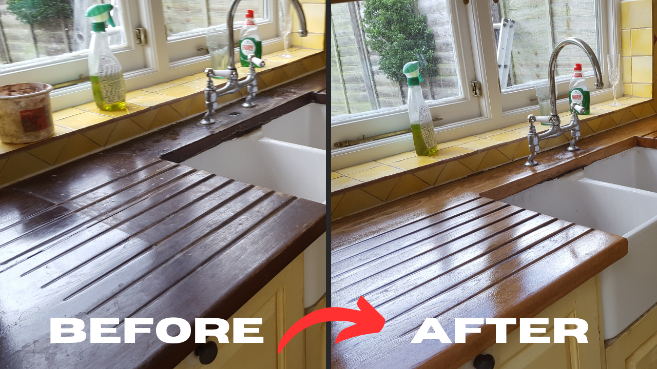 Worktop refinishing in Eltham showing a solid oak kitchen worktop before and after sanding and sealing around a white Belfast sink.