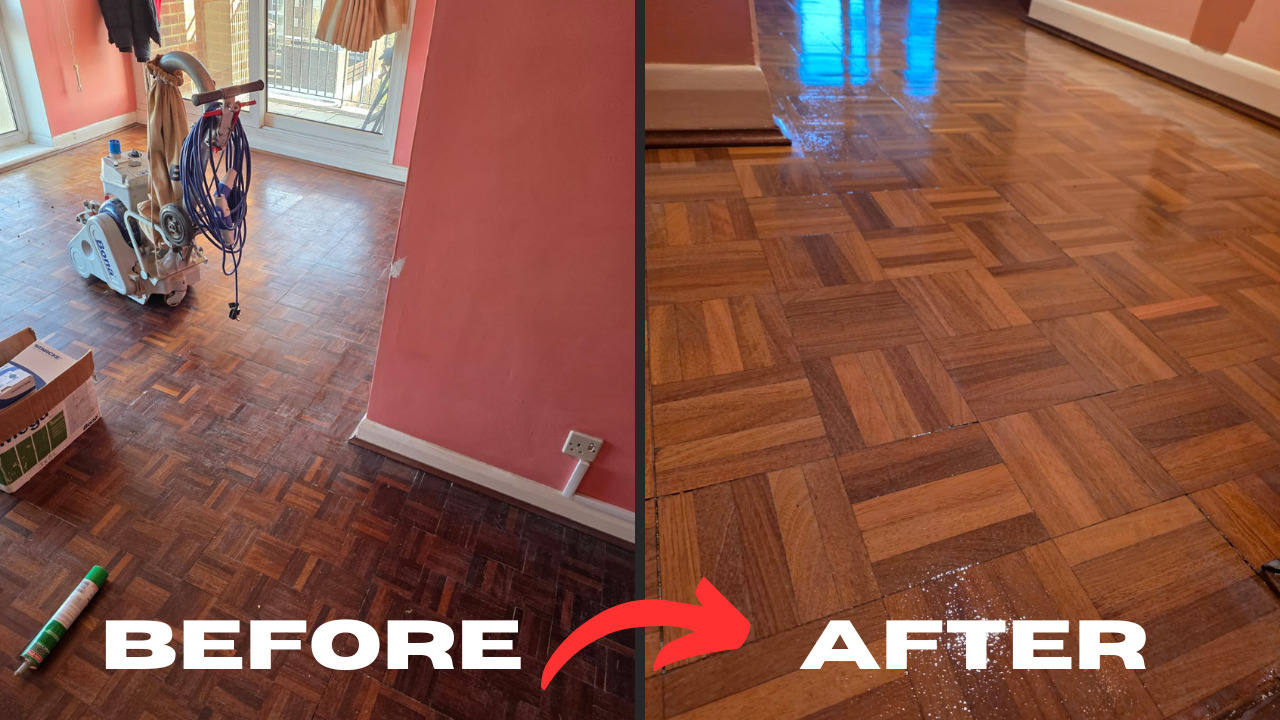 Wood Floor Sanding in Eltham showing before and after restoration of an oak mosaic parquet living room floor.